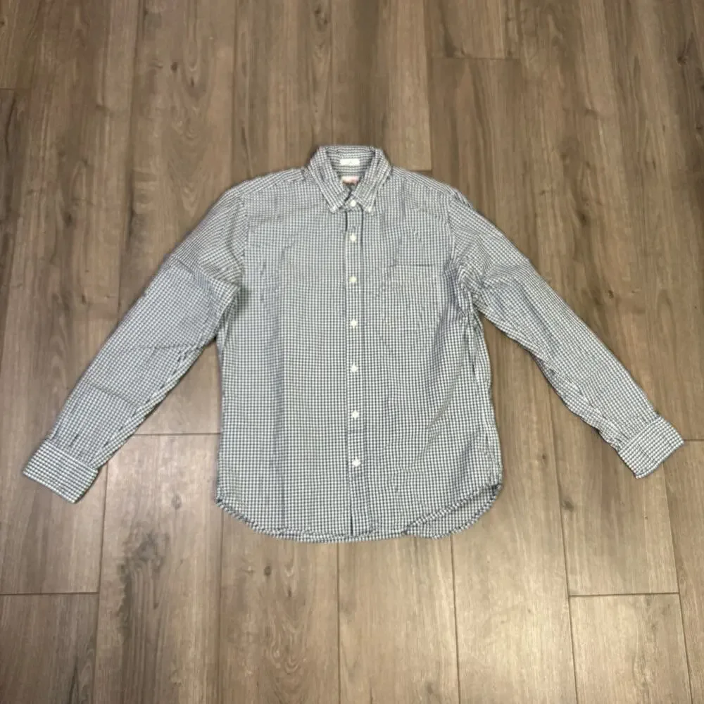 J.Crew Slim Secret Wash Cotton Poplin Shirt Men M Navy White Gingham Button Down